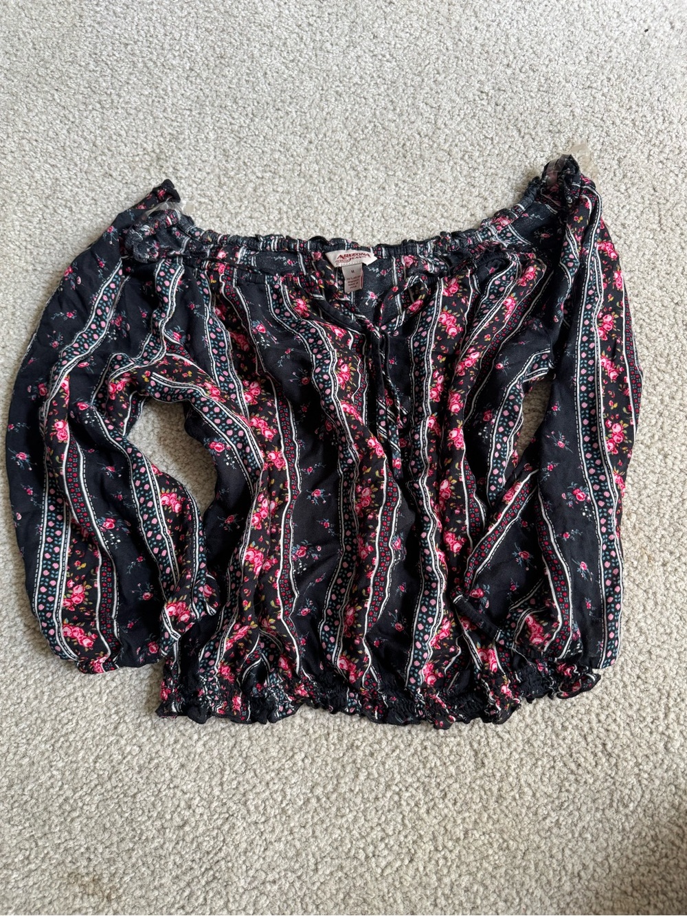 Arizona Jean Company Black Floral Off-Shoulder Peasant Top with Pink Accents